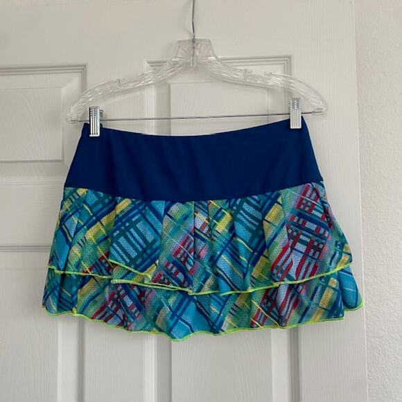 Lucky in Love Skort Blue Green Plaid Pleated Tiered Yellow Trim13 " Women Medium - Picture 1 of 8